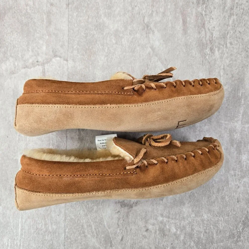 LL Bean Moccasin Loafers Kids 3 Brown Suede Fur Lined Slip On Southwestern Shoe